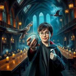 Harry Potter holding the Philosopher's Stone with a magical glow in his hand, surrounded by the enchanting halls of Hogwarts, with details like floating candles and the majestic long wooden tables of the Great Hall