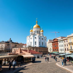 A picturesque view of a white and yellow basilica standing prominently at the center of a city influenced by Russian and Ukrainian architectural styles