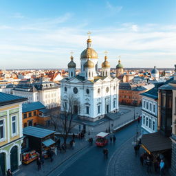 A picturesque view of a white and yellow basilica standing prominently at the center of a city influenced by Russian and Ukrainian architectural styles