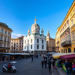 A picturesque view of a white and yellow basilica standing prominently at the center of a city influenced by Russian and Ukrainian architectural styles