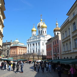 A picturesque view of a white and yellow basilica standing prominently at the center of a city influenced by Russian and Ukrainian architectural styles