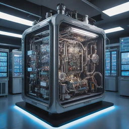 A futuristic time machine designed with complex mechanisms and illuminating controls, standing in the epicenter of a high-tech laboratory filled with scientific equipments and blinking computers.