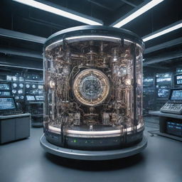 A futuristic time machine designed with complex mechanisms and illuminating controls, standing in the epicenter of a high-tech laboratory filled with scientific equipments and blinking computers.