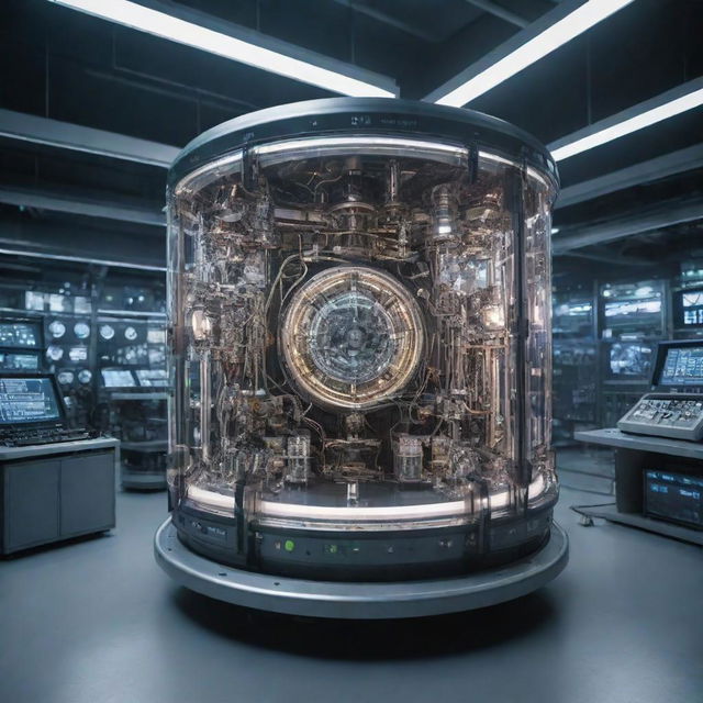 A futuristic time machine designed with complex mechanisms and illuminating controls, standing in the epicenter of a high-tech laboratory filled with scientific equipments and blinking computers.