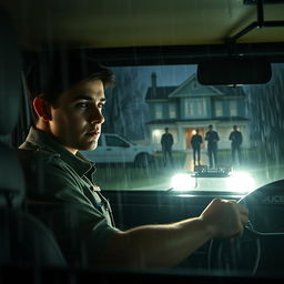 A young policeman is seated in a police jeep, his attention focused on a haunting scene ahead