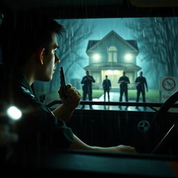 A young policeman is seated in a police jeep, his attention focused on a haunting scene ahead