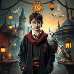 Harry Potter in a unique blend of Turkish and wizarding attire, surrounded by an enchanting scene that combines elements of Hogwarts with traditional Turkish architecture