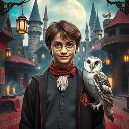 Harry Potter in a unique blend of Turkish and wizarding attire, surrounded by an enchanting scene that combines elements of Hogwarts with traditional Turkish architecture