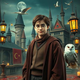 Harry Potter in a unique blend of Turkish and wizarding attire, surrounded by an enchanting scene that combines elements of Hogwarts with traditional Turkish architecture