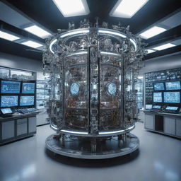 A futuristic time machine designed with complex mechanisms and illuminating controls, standing in the epicenter of a high-tech laboratory filled with scientific equipments and blinking computers.