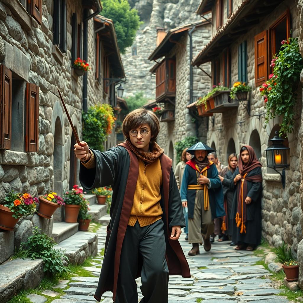 Harry Potter exploring a charming Turkish village, surrounded by traditional stone houses with wooden shutters and colorful plants