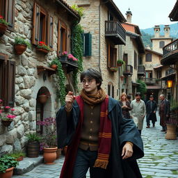 Harry Potter exploring a charming Turkish village, surrounded by traditional stone houses with wooden shutters and colorful plants