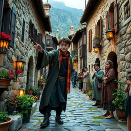 Harry Potter exploring a charming Turkish village, surrounded by traditional stone houses with wooden shutters and colorful plants