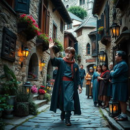 Harry Potter exploring a charming Turkish village, surrounded by traditional stone houses with wooden shutters and colorful plants