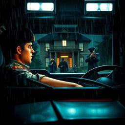 Movie poster featuring a young policeman sitting in a police jeep with glowing headlights, capturing a suspenseful scene