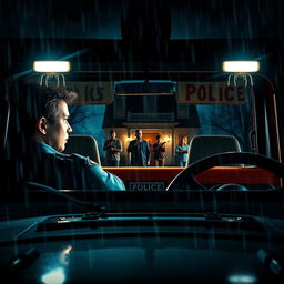 Movie poster featuring a young policeman sitting in a police jeep with glowing headlights, capturing a suspenseful scene