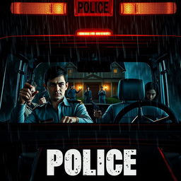 Movie poster featuring a young policeman sitting in a police jeep with glowing headlights, capturing a suspenseful scene