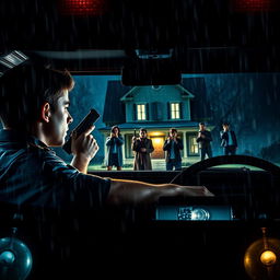 Movie poster featuring a young policeman sitting in a police jeep with glowing headlights, capturing a suspenseful scene