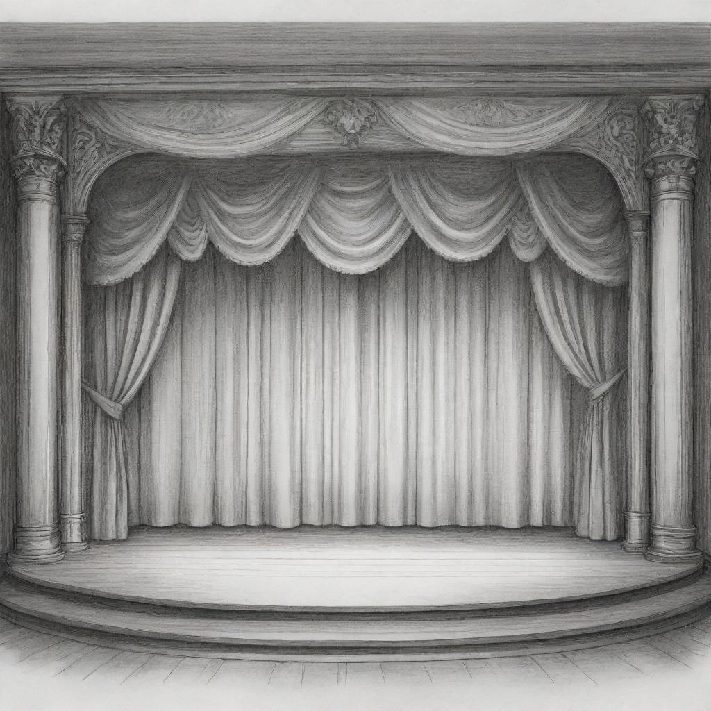 A detailed sketch of a Proscenium stage, complete with curtains, lights, and a wooden floor.