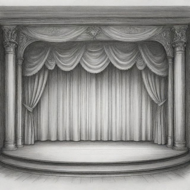 A detailed sketch of a Proscenium stage, complete with curtains, lights, and a wooden floor.