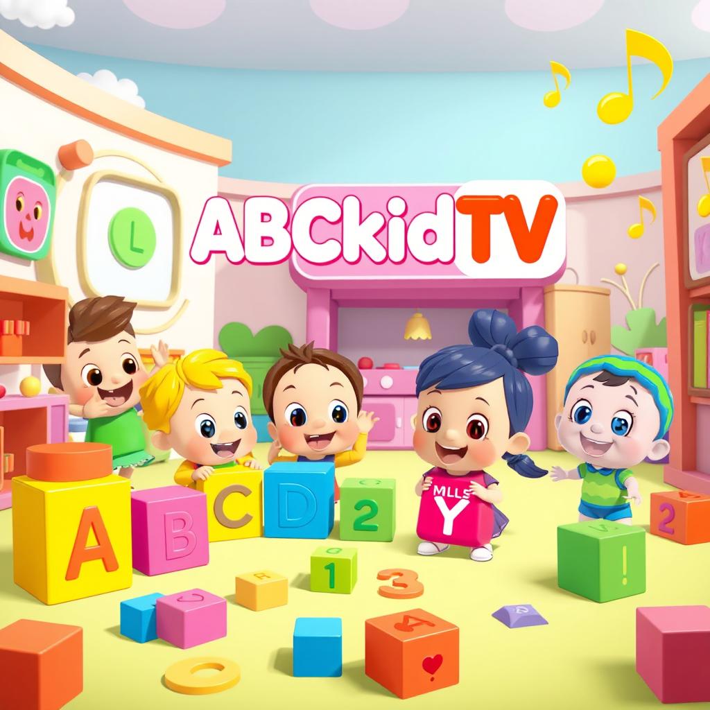 A vibrant and cheerful scene inspired by ABCkidTV, featuring colorful animated characters engaging in fun educational activities