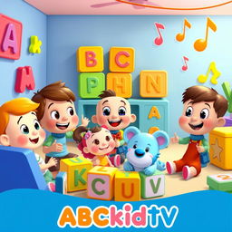 A vibrant and cheerful scene inspired by ABCkidTV, featuring colorful animated characters engaging in fun educational activities