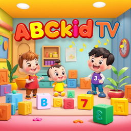 A vibrant and cheerful scene inspired by ABCkidTV, featuring colorful animated characters engaging in fun educational activities