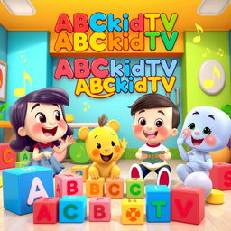 A vibrant and cheerful scene inspired by ABCkidTV, featuring colorful animated characters engaging in fun educational activities