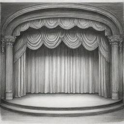 A detailed sketch of a Proscenium stage, complete with curtains, lights, and a wooden floor.