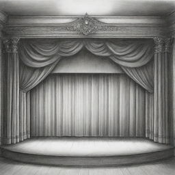 A detailed sketch of a Proscenium stage, complete with curtains, lights, and a wooden floor.