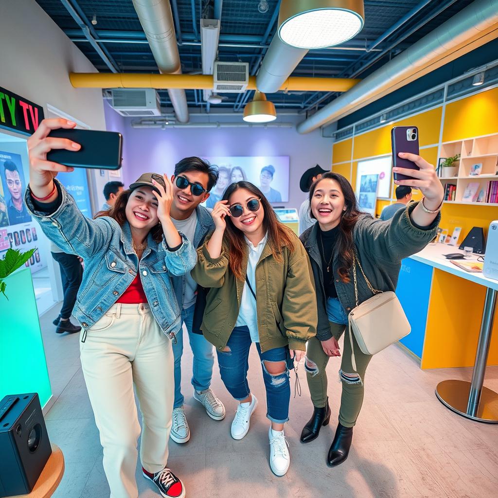 A dynamic and trendy scene that embodies the essence of Thatsme TV, featuring fashionable individuals capturing stylish selfies and vlogging in a modern, tech-savvy environment