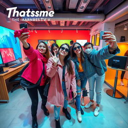 A dynamic and trendy scene that embodies the essence of Thatsme TV, featuring fashionable individuals capturing stylish selfies and vlogging in a modern, tech-savvy environment