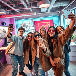 A dynamic and trendy scene that embodies the essence of Thatsme TV, featuring fashionable individuals capturing stylish selfies and vlogging in a modern, tech-savvy environment