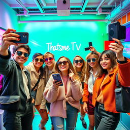 A dynamic and trendy scene that embodies the essence of Thatsme TV, featuring fashionable individuals capturing stylish selfies and vlogging in a modern, tech-savvy environment