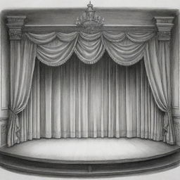 A detailed sketch of a Proscenium stage, complete with curtains, lights, and a wooden floor.