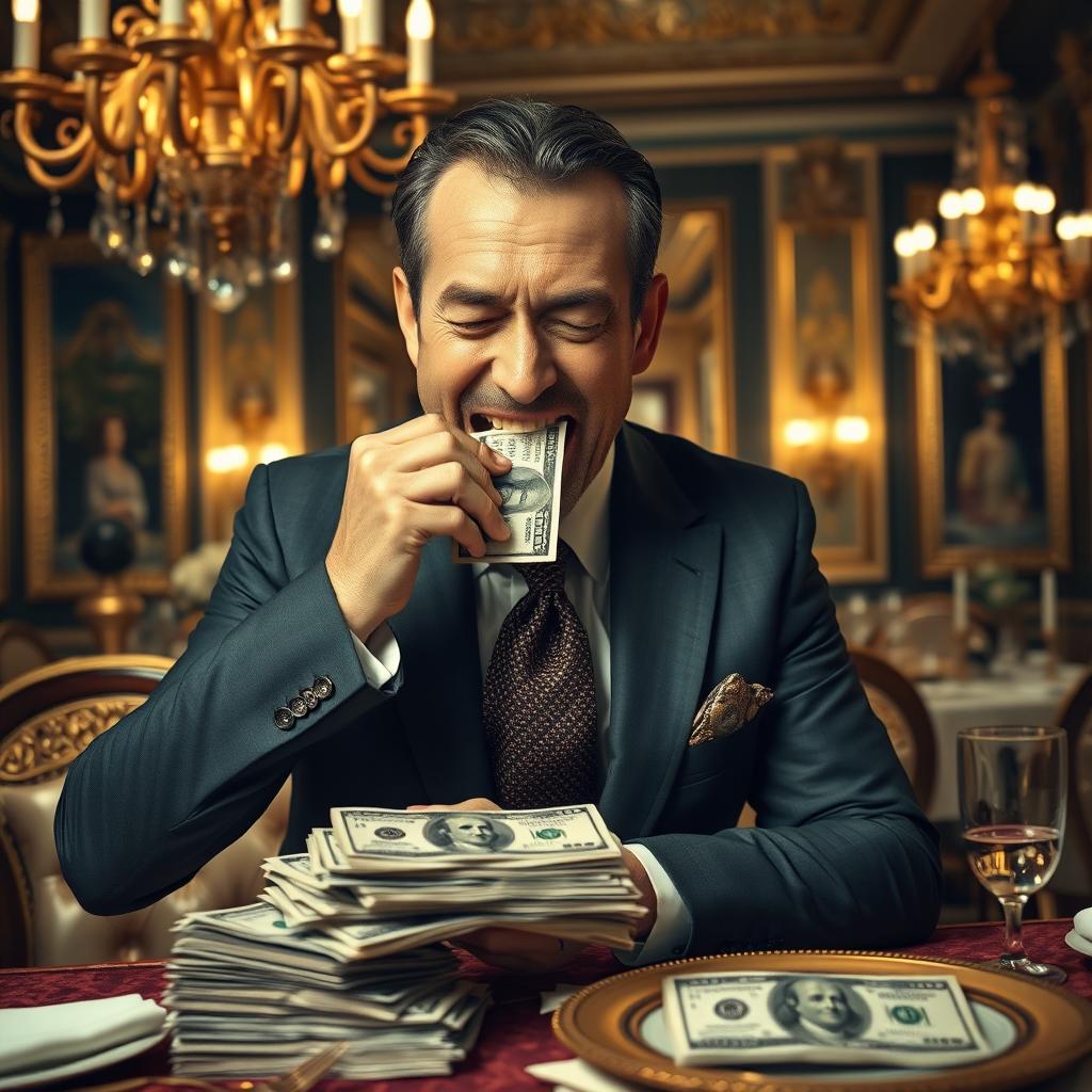 A surreal scene featuring a man greedily munching on a stack of dollar bills, with a look of satisfaction on his face