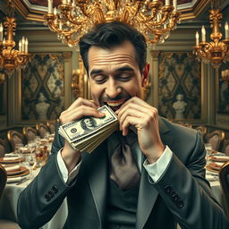 A surreal scene featuring a man greedily munching on a stack of dollar bills, with a look of satisfaction on his face