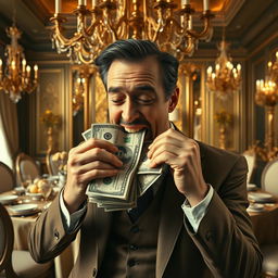 A surreal scene featuring a man greedily munching on a stack of dollar bills, with a look of satisfaction on his face