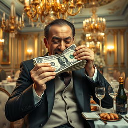 A surreal scene featuring a man greedily munching on a stack of dollar bills, with a look of satisfaction on his face