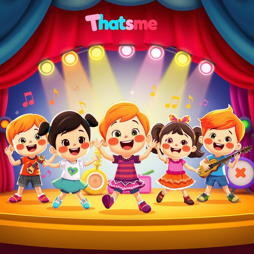 A lively and colorful scene inspired by Thatsme TV, featuring animated kids singing and dancing joyfully, surrounded by vibrant, playful musical notes and instruments