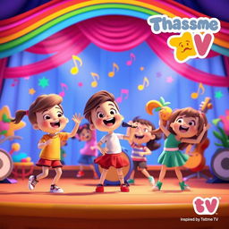 A lively and colorful scene inspired by Thatsme TV, featuring animated kids singing and dancing joyfully, surrounded by vibrant, playful musical notes and instruments