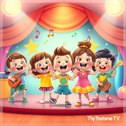 A lively and colorful scene inspired by Thatsme TV, featuring animated kids singing and dancing joyfully, surrounded by vibrant, playful musical notes and instruments