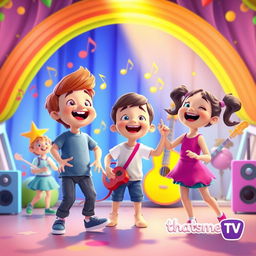 A lively and colorful scene inspired by Thatsme TV, featuring animated kids singing and dancing joyfully, surrounded by vibrant, playful musical notes and instruments