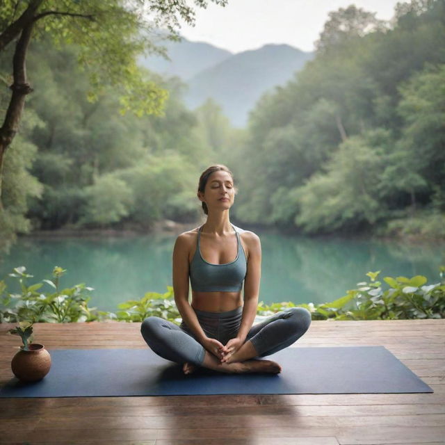 A person practicing yoga in a tranquil setting decorated with elements symbolic of Mazk, suggesting calmness and balance.