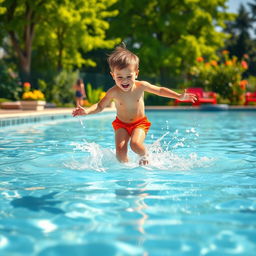 A young boy joyfully splashing in a clear, sparkling pool of water on a sunny day, surrounded by vibrant green trees and colorful flowers