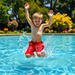 A young boy joyfully splashing in a clear, sparkling pool of water on a sunny day, surrounded by vibrant green trees and colorful flowers