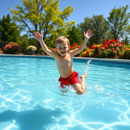 A young boy joyfully splashing in a clear, sparkling pool of water on a sunny day, surrounded by vibrant green trees and colorful flowers