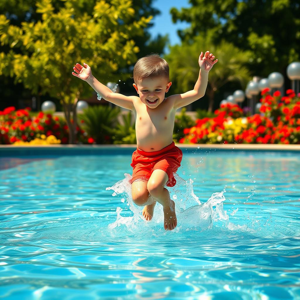 A young boy joyfully splashing in a clear, sparkling pool of water on a sunny day, surrounded by vibrant green trees and colorful flowers