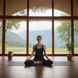 A person practicing yoga in a tranquil setting decorated with elements symbolic of Mazk, suggesting calmness and balance.