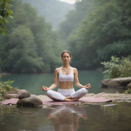 A person practicing yoga in a tranquil setting decorated with elements symbolic of Mazk, suggesting calmness and balance.